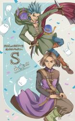 2boys 5others aqua_eyes bead_necklace beads belt black_shirt blue_eyes blue_hair blue_pants boots brown_belt brown_gloves brown_hair brown_pants brown_shoes brown_trim camus_(dq11) collarbone commentary_request confetti copyright_name cross-laced_clothes dragon_quest dragon_quest_xi dual_persona dual_wielding earrings fingerless_gloves fish floating_clothes floating_hair gloves gold_earrings green_boots green_tunic grin healslime hero_(dq11) highres holding holding_knife hoop_earrings invisible_chair janis_(hainegom) jewelry knife looking_at_viewer looking_to_the_side male_focus medium_hair multiple_boys multiple_others necklace official_alternate_design orange_socks pants parted_hair purple_tunic red_sash sash shirt shoes short_hair single_bang sitting smile socks spiked_hair teeth tockle_(dq11) translation_request tunic