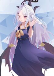 Rule 34 | 1girl, ahoge, black halo, blue archive, blush, breasts, demon girl, demon horns, demon wings, dress, halo, highres, hina (blue archive), horns, long hair, looking at viewer, purple eyes, small breasts, solo, standing, teritama (teritama house), very long hair, white hair, wings