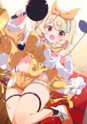 Rule 34 | 1girl, :d, absurdres, black socks, blonde hair, blush, bouncing breasts, breasts, commission, frying pan, fur-trimmed sleeves, fur trim, hair ornament, hairband, hairclip, highres, holding, holding frying pan, holding ladle, jumping, ladle, large breasts, long sleeves, looking at viewer, navel, open mouth, orange hairband, orange shorts, original, rabbit hair ornament, red eyes, shiro9jira, shoes, short hair, short shorts, shorts, skeb commission, skindentation, smile, socks, solo, thigh strap, thighs, virtual youtuber, white shoes