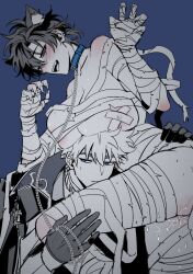 Rule 34 | 1boy, 1girl, alternate costume, animal ears, bandages, black eyes, black hair, blue background, blue collar, blue eyes, blush, breast rest, breasts, breasts on head, cat ears, cat girl, chain, chain leash, cheng xiaoshi, claw pose, coat, collar, covered erect nipples, dsarl995595, fang, fingernails, genderswap, genderswap (mtf), gloves, greyscale with colored background, halloween, halloween costume, hand on another&#039;s thigh, hand on another&#039;s waist, hetero, highres, holding, holding leash, jewelry, kemonomimi mode, large breasts, leash, limited palette, lu guang, monochrome, mummy costume, naked bandage, open mouth, ponytail, pussy juice, shiguang dailiren, short hair, short ponytail, simple background, smile, spot color, sweat, sweatdrop