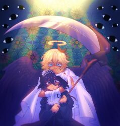 1boy 1girl alternate_costume angel_wings antenna_hair bandaged_arm bandages basil_(faraway)_(omori) basil_(omori) black_eyes black_hair blonde_hair blue_eyes closed_mouth dark-skinned_female dark_skin donuqx glasses halo highres holding holding_scythe long_sleeves looking_at_viewer mincy_(omori) omori red-framed_eyewear scythe short_hair traditional_halo wings