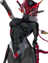 1girl absurdres breasts covered_navel cowboy_shot cyborg helmet highres mechanical_arms medium_hair original simple_background tail white_background white_hair yunimaru