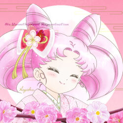 1girl bishoujo_senshi_sailor_moon chibi_usa closed_eyes cone_hair_bun double_bun hair_bun hair_ornament japanese_clothes kimono pink_hair pink_kimono sayaka_y_0630 short_hair smile solo twintails