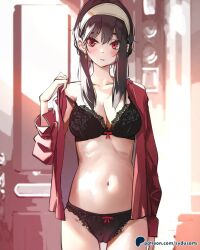 1girl black_bra black_hair black_panties blush bra breasts cleavage collarbone commentary cowboy_shot earrings english_commentary hair_between_eyes hairband hand_up jewelry large_breasts light_smile long_sleeves looking_at_viewer navel open_clothes open_shirt panties patreon_username red_eyes red_shirt shirt sidelocks sketch_background solo spy_x_family stomach sydus thighs underwear white_hairband yor_briar