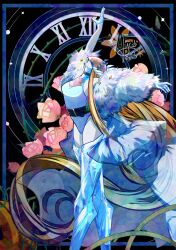 Rule 34 | 1girl, alycoris, arm up, bare shoulders, blonde hair, blue leotard, cendrillmon, colored skin, digimon, digimon (creature), flower, head back, highres, leotard, long hair, pink flower, pink rose, rose, solo, white skin