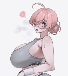 ! !! 1girl ahoge artist_name bare_shoulders blue_eyes blush breasts clothes_writing commentary dated_commentary fur_wrist_cuffs glasses grey_background grey_sports_bra hair_bun highres huge_breasts mimyo open_mouth original pink-framed_eyewear pink_hair ponytail round_eyewear simple_background solo spoken_exclamation_mark sports_bra steaming_body sweat teeth upper_teeth_only white_wrist_cuffs wrist_cuffs