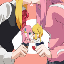 2girls black_skirt black_sweater_vest blonde_hair blue_eyes bocchi_the_rock! bow bowtie character_doll collared_shirt commentary_request gotoh_hitori heart highres ijichi_nijika jacket jaqwatdas kiss long_hair long_sleeves multiple_girls pink_background pink_hair pink_jacket pleated_skirt red_bow red_bowtie red_eyes school_uniform shimokitazawa_high_school_uniform shirt skirt sweater_vest track_jacket two-tone_background white_background white_shirt yuri