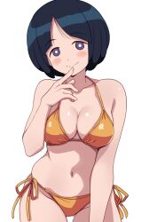 Rule 34 | 1girl, bikini, black hair, blue eyes, bob cut, breasts, closed mouth, commentary, finger to mouth, gundam, gundam gquuuuuux, large breasts, looking at viewer, mature female, orange bikini, ponzu rui, shiiko sugai, short hair, side-tie bikini bottom, simple background, smile, solo, swimsuit, white background