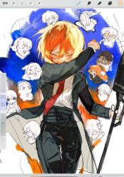 1other 6+boys 6+girls black_coat black_pants blonde_hair clock closed_eyes coat collared_shirt cowboy_shot crying dante_(limbus_company) don_quixote_(project_moon) faust_(project_moon) gregor_(project_moon) heathcliff_(project_moon) highres holding holding_polearm holding_weapon hong_lu_(project_moon) ishmael_(project_moon) jingshenhuanghu lance limbus_company long_sleeves meursault_(project_moon) multiple_boys multiple_girls necktie open_mouth outis_(project_moon) pants polearm project_moon red_necktie rodion_(project_moon) ryoshu_(project_moon) shirt short_hair sinclair_(project_moon) solo_focus weapon white_shirt yi_sang_(project_moon)