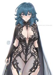 1girl absurdres black_cape black_dress black_gloves blue_eyes blue_hair blush breasts byleth_(fire_emblem) cape center_opening chascoby chronopattern_dress cleavage dress elbow_gloves female_byleth_(fire_emblem) fingerless_gloves fire_emblem fire_emblem:_three_houses gloves hair_between_eyes highres large_breasts long_hair looking_at_viewer medium_hair meme_attire nintendo revealing_clothes simple_background smile solo thighs white_background