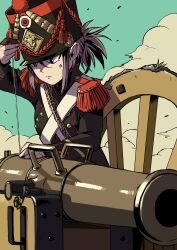 1girl antique_cannon antique_firearm black_jacket blue_eyes blue_sky buttons cannon chain cloud commentary_request double-breasted epaulettes firearm france french_army grey_hair gun hair_between_eyes hat highres jacket looking_at_object machinery military_hat military_uniform original ponytail reloading roundel shako_cap shine sidelocks sky soldier solo upper_body weapon wheel zeinikunosekai
