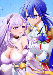 1boy 1girl absurdres ascot blue_eyes blue_hair blue_sleeve_cuffs breasts bridal_veil bride brother_and_sister cleavage dress fire_emblem fire_emblem:_genealogy_of_the_holy_war fire_emblem_heroes flower formal_clothes groom half-siblings happy highres holding_hands implied_incest julia_(bride)_(fire_emblem) julia_(fire_emblem) lace_collar large_breasts layered_dress long_hair looking_at_another mizumura_(midu_mura) nintendo official_alternate_costume open_mouth purple_eyes purple_hair seliph_(fire_emblem) seliph_(light&#039;s_legacy)_(fire_emblem) siblings strapless strapless_dress suit veil wedding_dress white_ascot white_petals white_suit