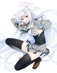 1girl absurdres black_corset blue_archive blue_neckerchief capelet commentary_request corset dirty dirty_clothes flashbang full_body grey_jacket halo head_wings highres injury jacket loafers long_hair miniskirt neckerchief parted_hair pasta_bar415 red_eyes school_uniform shoes simple_background single_head_wing skirt solo suzumi_(blue_archive) thighhighs torn_clothes very_long_hair white_capelet white_hair wings zettai_ryouiki