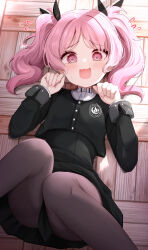 Rule 34 | 1girl, @ @, absurdres, aoi nadeshiko, black bow, black pantyhose, black ribbon, black shirt, blush, bow, embarrassed, gakuen idolmaster, gokugetsu academy school uniform, hair bow, hair ornament, high-waist skirt, highres, idolmaster, long hair, long sleeves, looking at viewer, pantyhose, pink eyes, pink hair, ribbon, school uniform, shirt, skirt, sky cappuccino, smile, solo, twintails