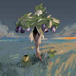 1other apios arboliva arms_up cloud creatures_(company) full_body game_freak grass green_hair grey_sky half-closed_eyes highres horizon mixed-language_text nintendo ocean olive other_focus outdoors own_hands_together pokemon pokemon_(creature) red_eyes short_hair sky smoliv solo_focus standing translation_request
