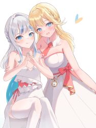 Rule 34 | 2girls, bare shoulders, blonde hair, blue eyes, blue nails, blunt bangs, blush, bow, breasts, closed mouth, dress, fins, fish tail, frilled dress, frills, gawr gura, heart, highres, hololive, hololive english, long hair, looking at viewer, multicolored hair, multiple girls, necktie, red bow, shark girl, shark print, shark tail, sitting, sleeveless, sleeveless dress, smile, standing, strapless, strapless dress, streaked hair, tail, thighhighs, user hrkc2735, virtual youtuber, watson amelia, white background, white dress, white thighhighs, wife and wife
