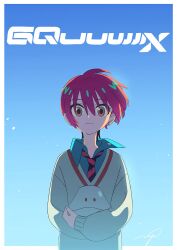 1girl amate_yuzuriha aqua_eyes aqua_shirt closed_mouth collared_shirt copyright_name earrings gundam gundam_gquuuuuux haro highres holding jewelry long_sleeves looking_at_viewer nakamura_mayumi red_hair school_uniform shirt short_hair smile sweater upper_body