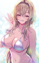 1girl bare_shoulders bikini blonde_hair blush breasts cleavage collarbone cross cross_necklace hair_between_eyes hairband highres idolmaster idolmaster_cinderella_girls jewelry koya_(koya_x_00) kurosaki_chitose long_hair looking_at_viewer medium_breasts navel necklace red_eyes smile solo swimsuit very_long_hair white_bikini