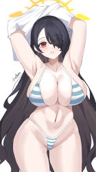 1girl absurdres alternate_costume armpits arms_up bikini black_hair blue_archive blue_bikini blush breasts cleavage eyes_visible_through_hair hair_over_one_eye halo highleg highleg_bikini highres hinata_(blue_archive) kurochomo large_breasts long_hair looking_at_viewer micro_bikini navel parted_lips red_eyes shirt solo stomach striped_bikini striped_clothes swimsuit undressing white_shirt yellow_halo