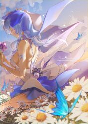 1girl absurdres armlet bare_shoulders black_flower blake_bloom_(wuthering_waves) blue_butterfly blue_veil breasts bug butterfly character_name chigusa7h closed_eyes closed_mouth commentary_request flower from_side hair_flower hair_ornament highres holding holding_flower insect jewelry kneeling long_hair medium_breasts outdoors purple_flower shorekeeper_(wuthering_waves) shoulder_blades sky smile solo veil wind wuthering_waves