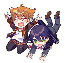 2boys :d :o ^_^ ahoge arms_up black_jacket black_pants blazer blush brown_hair brown_shoes chibi closed_eyes collared_shirt commentary_request double_v eyeshadow fang fuji_fujino fushimi_gaku fushimi_gaku_(1st_costume) green_eyes grey_jacket grey_pants grey_sweater hair_between_eyes jacket jewelry kenmochi_touya kenmochi_touya_(1st_costume) lapels long_sleeves low_ponytail magatama magatama_necklace makeup male_focus medium_hair mole mole_under_eye multiple_boys necklace necktie nijisanji omamori open_clothes open_jacket open_mouth pants ponytail purple_hair red_eyeshadow red_necktie ring school_uniform shirt shoes short_hair simple_background skin_fang smile sweatdrop sweater v virtual_youtuber weapon_bag white_background white_shirt