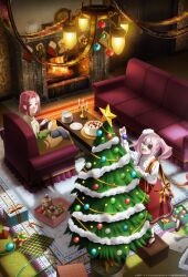 2girls absurdres annette_(spy_kyoushitsu) box brown_eyes brown_skirt cake christmas_tree couch eyepatch fireplace food gift gift_box green_eyes grete_(spy_kyoushitsu) hat highres indoors long_skirt mini_hat multiple_girls pink_hair red_hair red_skirt shirt short_hair skirt spy_kyoushitsu sweater white_shirt