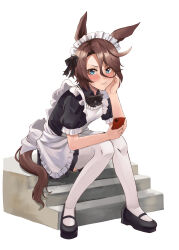 1girl absurdres alternate_costume animal_ears apron back_bow black_bow black_bowtie black_dress black_shoes blue_eyes blush bow bowtie brown_hair cellphone collared_dress dress enmaided frilled_apron frilled_sleeves frills hair_between_eyes hair_bow head_on_hand highres horse_ears horse_girl horse_tail looking_at_viewer maid maid_apron maid_headdress mary_janes narita_taishin_(umamusume) nida_keita phone shoes short_hair short_sleeves sidelocks sitting smartphone solo tail thighhighs umamusume white_apron white_thighhighs zettai_ryouiki
