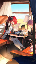 2girls absurdres arknights bishop_(chess) black_gloves black_jacket black_shoes black_shorts black_thighhighs board_game character_request chess chess_piece chessboard closed_eyes exusiai_(arknights) fingerless_gloves gloves halo highres jacket king_(chess) knight_(chess) lemuen_(arknights) long_hair long_sleeves multiple_girls one_side_up open_mouth pawn_(chess) pink_hair queen_(chess) red_hair rook_(chess) shirt shoes shorts super_h2o thigh_strap thighhighs train_interior white_shirt white_thighhighs