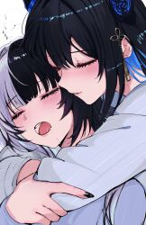 2girls absurdres black_hair black_horns black_nails blue_hair closed_mouth colored_inner_hair drooling grey_hair highres hololive hololive_english horns meakiec multicolored_hair multiple_girls nerissa_ravencroft open_mouth saliva shiori_novella shirt simple_background sleeping split-color_hair striped_clothes striped_shirt virtual_youtuber white_background white_shirt yuri zzz