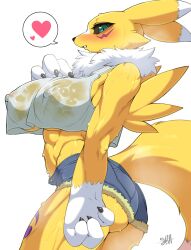 1girl absurdres animal_ears black_sclera blue_shorts blush body_fur breasts claws colored_sclera covered_erect_nipples crop_top digimon digimon_(creature) furry furry_female green_eyes heart highres large_breasts looking_at_viewer midriff renamon shorts shourin_bonzu solo spoken_heart standing tail yellow_fur