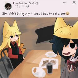 2girls absurdres animal_ears bad_id bad_twitter_id black_eyes black_hair black_vest blonde_hair blush_stickers chair collared_shirt commentary english_commentary english_text funamusea hair_over_one_eye highres iesonatana inactive_account kurai_yonaka long_hair long_sleeves looking_at_viewer moge-ko mogeko_(species) mogeko_castle multiple_girls on_chair one_eye_closed open_mouth red_shirt shirt sitting table very_long_hair vest