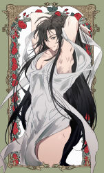 1boy ahoge alternate_costume alternate_hairstyle androgynous armpits arms_behind_head arms_up black_hair collarbone crossdressing dress eunram flower grey_eyes hair_down highres leaf long_hair looking_at_viewer male_focus modao_zushi parted_lips pectoral_cleavage pectorals red_flower red_rose rose shawl sidelocks smile solo standing thighs thorns very_long_hair wei_wuxian white_dress white_shawl