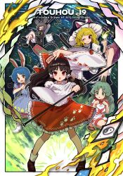 5girls :o ability_card_(touhou) animal_ears apron aura black_hair black_skirt black_vest blonde_hair blue_capelet blue_dress blue_hair blush bow broom broom_riding brown_footwear capelet closed_eyes cloud_print commentary_request copyright_name curly_hair dowsing_rod dress frilled_apron frilled_skirt frills geta gohei green_eyes green_hair grey_hair grey_horns grey_skirt grey_vest grin hair_tubes hakurei_reimu hammer hat hat_bow highres holding holding_gohei horns howhow_notei jewelry kariyushi_shirt kine kirisame_marisa komainu_ears komano_aunn loafers long_hair long_sleeves mallet mouse_ears mouse_girl mouse_tail multiple_girls nazrin ofuda otter_spirit_(touhou) paw_pose paw_print pendant pink_shirt puffy_short_sleeves puffy_sleeves rabbit_ears rabbit_girl red_eyes red_shirt red_skirt ribbon-trimmed_sleeves ribbon_trim seiran_(touhou) shirt shoes short_sleeves shorts single_horn skirt skirt_set sleeveless sleeveless_shirt smile socks squatting standing tail touhou unfinished_dream_of_all_living_ghost vest waist_apron white_bow white_shirt white_shorts white_sleeves white_socks witch witch_hat