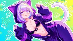 1girl ahoge animal_ears animal_hood bikini bikini_under_clothes blush breasts cat_ears cat_pajamas cat_tail finn_flint front-tie_bikini_top front-tie_top highres hololive hood hooded_pajamas large_breasts long_sleeves looking_at_viewer navel nekomata_okayu open_clothes open_mouth pajamas purple_eyes purple_hair purple_pajamas short_hair sleepwear smile solo swimsuit tail virtual_youtuber