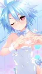 1girl ;o animal_ears bare_shoulders blue_bow blue_bowtie blue_hair blush bow bowtie breasts commentary_request covered_navel detached_collar hair_between_eyes hands_up heart heart-shaped_pupils heart_hands highleg highleg_leotard highres hip_focus hypnosis irori_(irorixc) leotard looking_at_viewer medium_hair mind_control neptune_(series) one_eye_closed playboy_bunny rabbit_ears rabbit_girl red_eyes short_hair_with_long_locks skin_tight small_breasts solo strapless strapless_leotard symbol-shaped_pupils white_heart_(neptunia) white_leotard