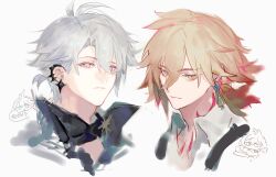 2boys black_shirt closed_mouth collared_shirt dichlorvos earclip earrings grey_hair hair_between_eyes half-closed_eyes highres honkai:_star_rail honkai_(series) jewelry looking_at_viewer male_focus multiple_boys mydei_(honkai:_star_rail) neck_tattoo orange_hair parted_bangs phainon_(fashion)_(honkai:_star_rail) phainon_(honkai:_star_rail) red_tattoo shirt short_hair simple_background tattoo upper_body white_background white_shirt