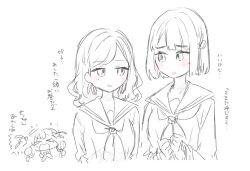 &gt;_&lt; 3girls :d afterimage blunt_bangs blunt_ends blush bob_cut ceras_yanagida_lilienfeld commentary_request d: dress dx embarrassed flower flower_knot flying_sweatdrops greyscale grin hair_flower hair_ornament hasu_no_sora_school_uniform hinoshita_kaho jealous link!_like!_love_live! long_sleeves looking_at_another love_live! medium_hair momose_ginko monochrome multiple_girls neckerchief open_mouth sailor_collar sailor_dress school_uniform short_hair simple_background smile spot_color translation_request two_side_up uo_(wotakana_p) virtual_youtuber wavy_hair white_background winter_uniform