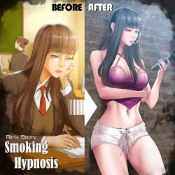 before_and_after bimbofication crop_top dr_stein_(pixiv) earrings highres jewelry netorare phone revealing_clothes rin_(smoking_hypnosis) short_shorts shorts smoking_hypnosis
