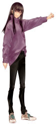 Rule 34 | 1girl, belt, denim, ikuhana niiro, jeans, pants, shoes, simple background, smile, sneakers, tagme, white background