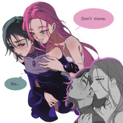 2girls alien_stage black_hair blush dress english_text green_eyes grin hand_on_another&#039;s_chest hand_on_another&#039;s_waist highres long_hair mizi_(alien_stage) multiple_girls outline parted_lips pink_hair purple_dress purple_eyes purple_outline short_hair simple_background smile speech_bubble sua_(alien_stage) sweatdrop thought_bubble tuxiaoning_not white_background yuri