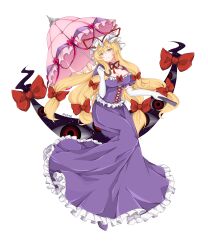 1girl absurdres blonde_hair bow breasts choker cleavage commentary corset cross-laced_clothes cross-laced_corset dress elbow_gloves folding_fan frilled_choker frills full_body gap_(touhou) gloves hair_bow hand_fan hat hat_ribbon highres holding holding_fan holding_umbrella large_breasts long_dress long_hair mob_cap multiple_hair_bows parasol parted_lips pink_umbrella purple_corset purple_dress purple_shoes red_bow red_ribbon ribbon shoes smile solo touhou umbrella very_long_hair white_background white_gloves white_hat wu_yu_wanwan yakumo_yukari yellow_eyes