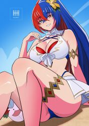 Rule 34 | 1girl, bikini, blue bikini, blue eyes, blue hair, breasts, character ball, cleavage, criss-cross halter, crossed bangs, female alear (fire emblem), female alear (seaside dragon) (fire emblem), fire emblem, fire emblem engage, fire emblem heroes, gold armlet, gold thighlet, halterneck, heterochromia, highres, ihsnet, large breasts, long hair, multicolored bikini, multicolored hair, multicolored swimsuit, nintendo, official alternate costume, official alternate hairstyle, ponytail, red bikini, red eyes, red hair, showgirl skirt, solo, sommie (fire emblem), split-color hair, swimsuit, two-tone hair, very long hair, white bikini