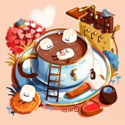 artist_name bird coffee coffee_mug cookie cup flower food food_focus heart in_container in_cup issiki_toaki ladder marshmallow mug no_humans original pink_background plate saucer simple_background spoon star_(symbol) steam sugar_cube teacup twitter_username valentine
