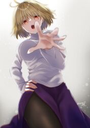 1girl ahoge arcueid_brunestud asagi_nanase blonde_hair breasts hand_on_own_hip highres jewelry large_breasts looking_at_viewer melty_blood necklace open_mouth outstretched_arm pantyhose purple_skirt reaching reaching_towards_viewer red_arcueid red_eyes shirt short_hair side_slit skirt sweater thick_thighs thighs tsukihime tsukihime_(remake) turtleneck turtleneck_sweater white_shirt