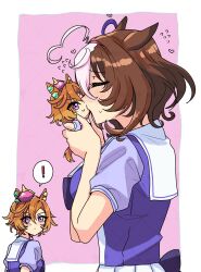 ! 2girls absurdres ahoge animal_ears blush bow bowtie brown_hair character_doll closed_eyes commentary crown doll ear_ornament ears_back flying_sweatdrops hairband heart highres holding holding_doll hone_(ftmh4275) horse_ears horse_girl implied_yuri kiss looking_at_another meisho_doto_(umamusume) mini_crown multiple_girls orange_hair pink_background pink_hairband pleated_skirt puffy_short_sleeves puffy_sleeves purple_bow purple_bowtie purple_eyes purple_shirt sailor_collar sailor_shirt school_uniform shirt short_hair short_sleeves skirt spoken_exclamation_mark summer_uniform t.m._opera_o_(umamusume) tracen_school_uniform umamusume upper_body watermark watermark_grid white_hair white_sailor_collar white_skirt