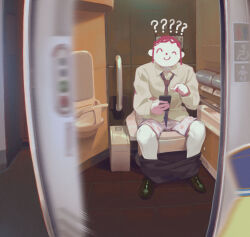 1boy ? ?? absurdres black_necktie black_pants blue_archive clothes_pull doodle_sensei_(blue_archive) full_body highres hikari_(blue_archive) looking_at_viewer male_focus necktie on_toilet pants pants_pull polka_dot_underwear sensei_(blue_archive) shirt sitting solo toilet train_interior villainchin white_shirt