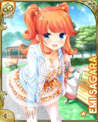 1girl :d bag bench blue_eyes bow breasts character_name cleavage day dress girlfriend_(kari) hair_ribbon hood hood_down hoodie jewelry looking_at_viewer medium_hair multicolored_bow necklace official_art open_mouth orange_dress orange_hair outdoors park park_bench qp:flapper sagara_emi smile solo tagme thighhighs tree two_side_up white_bow white_hoodie white_thighhighs wooden_bench