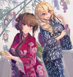 Rule 34 | 5girls, alternate costume, alternate hairstyle, artist name, blonde hair, blue eyes, blue kimono, charm (object), closed mouth, commentary request, cowboy shot, floral print, hair between eyes, hair intakes, highres, himeyamato, iowa (kancolle), japanese clothes, kantai collection, kimono, long sleeves, morning glory print, multiple girls, mutsu (kancolle), nagato (kancolle), open mouth, red eyes, red kimono, revision, saratoga (kancolle), smile, star-shaped pupils, star (symbol), symbol-shaped pupils, tanabata, tanzaku, yamato (kancolle), yukata