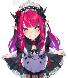 1girl black_dress blue_eyes blunt_bangs chest_bow clothes_lift commentary dasdokter double_bun dress drill_hair drill_sidelocks english_commentary frilled_dress frills garter_straps grin hair_bun halo heterochromia highres hololive hololive_english horns irys_(hololive) irys_(maid)_(hololive) juliet_sleeves lace lace-trimmed_dress lace_trim leaning_forward long_hair long_sleeves looking_at_viewer maid_headdress multicolored_hair nail_polish official_alternate_costume official_alternate_hairstyle pink_nails pleated_dress pocket_watch pointy_ears puffy_sleeves purple_eyes purple_hair red_hair sidelocks skirt skirt_lift smile solo star-shaped_pupils star_(symbol) star_halo streaked_hair symbol-shaped_pupils virtual_youtuber watch