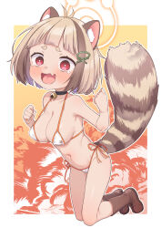 1girl animal_ear_fluff animal_ears arata_(blue_archive) arched_bangs bell bikini black_choker blue_archive blush boots breasts brown_boots brown_hair cameltoe choker cleavage clenched_hands fang female_focus full_body hair_ornament hairclip halo highres jingle_bell kanabun large_breasts light_brown_hair looking_at_viewer micro_bikini multicolored_hair navel neck_bell open_mouth oppai_loli orange_halo paid_reward_available raccoon_ears raccoon_girl raccoon_tail red_eyes short_hair side-tie_bikini_bottom skin_fang solo streaked_hair swimsuit tail tearing_up tears thick_eyebrows wavy_eyes wavy_mouth white_bikini